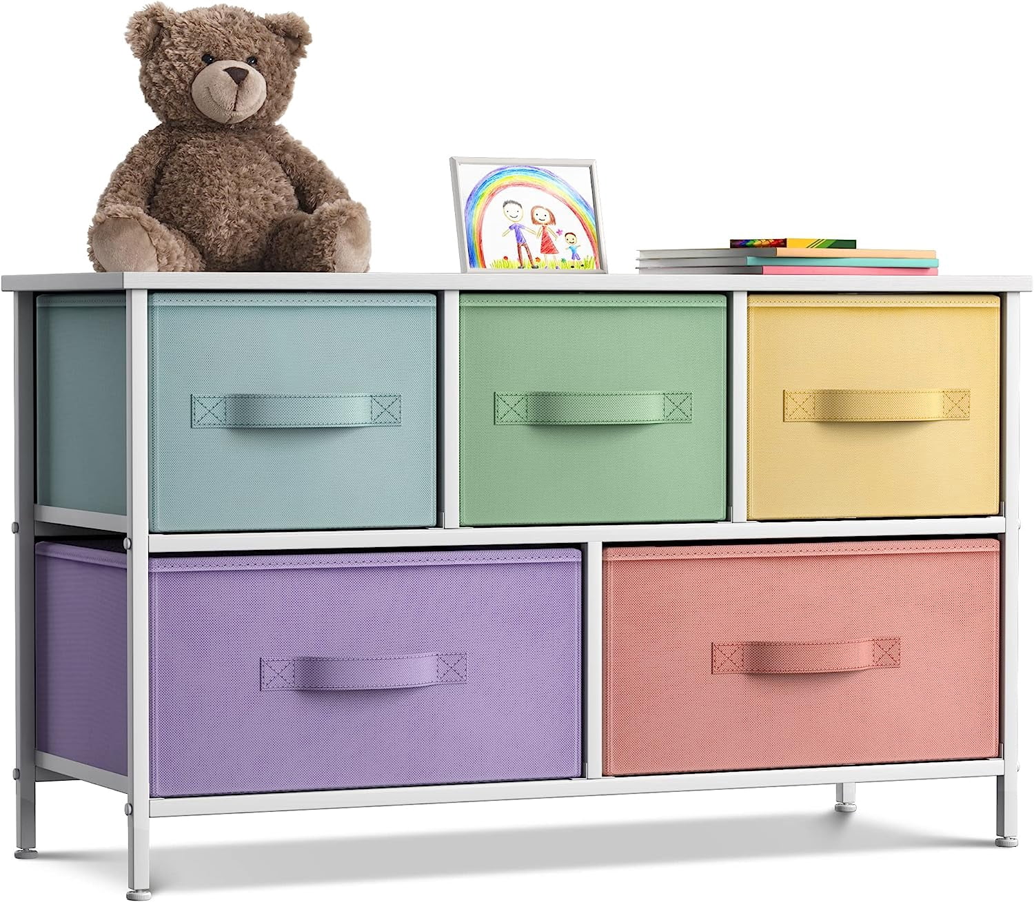 Sorbus 5-Drawer Dresser Storage Chest, Steel Frame, Wood Top, Fabric Bins, Multi Pastel