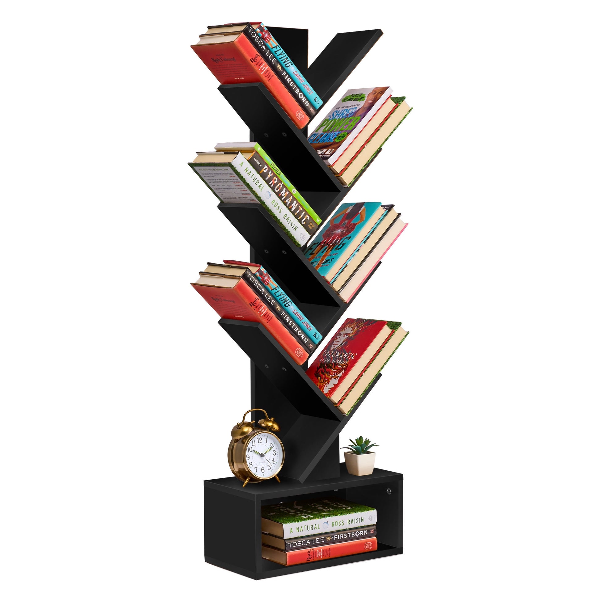 Sorbus 7-Tier Zigzag Bookcase with Drawer, Space-Saving Organizer, Black