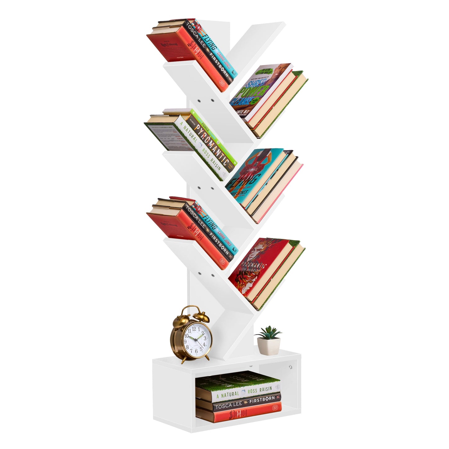 Sorbus 7-Tier Zigzag Bookcase with Drawer, Space-Saving Organizer, White