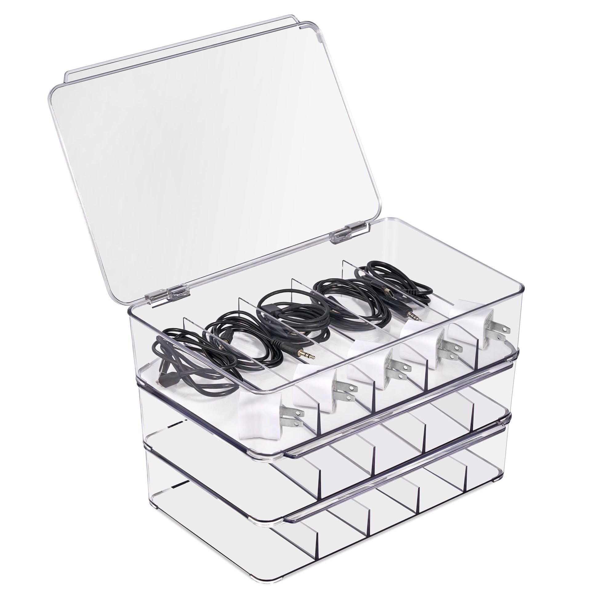 Sorbus Clear Cable Organizer Boxes with Lids, 3 Pack, for Chargers & Accessories