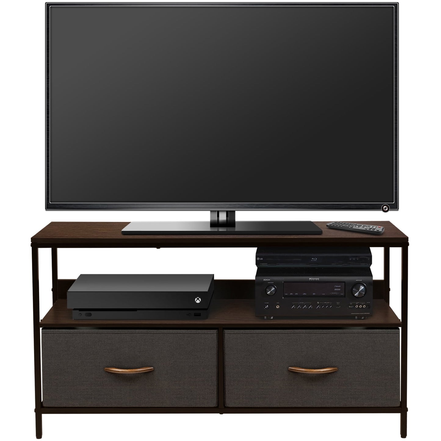 Sorbus Dresser Drawer TV Stand with Fabric Storage Bins, Steel Frame, Wood Top, Brown