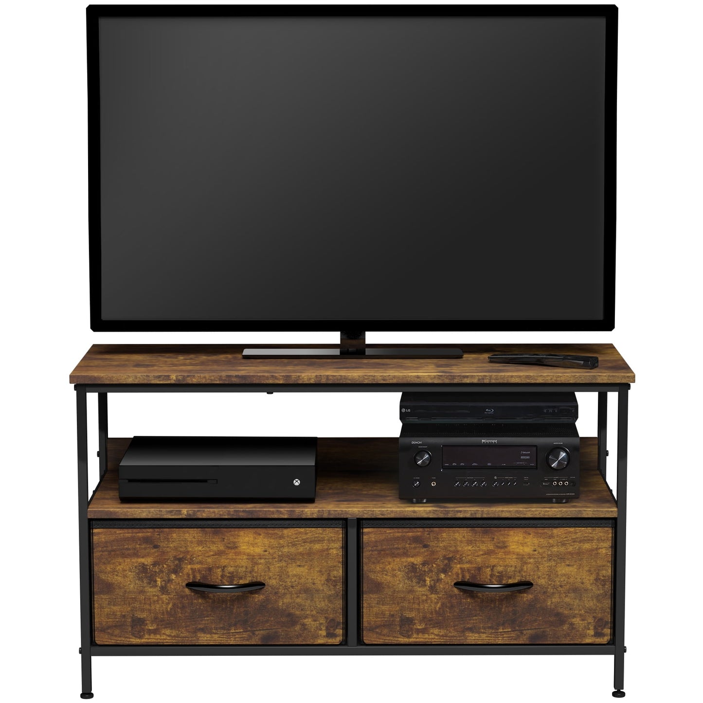 Sorbus Dresser Drawer TV Stand with Fabric Storage Bins, Steel Frame, Wood Top, Black Wood