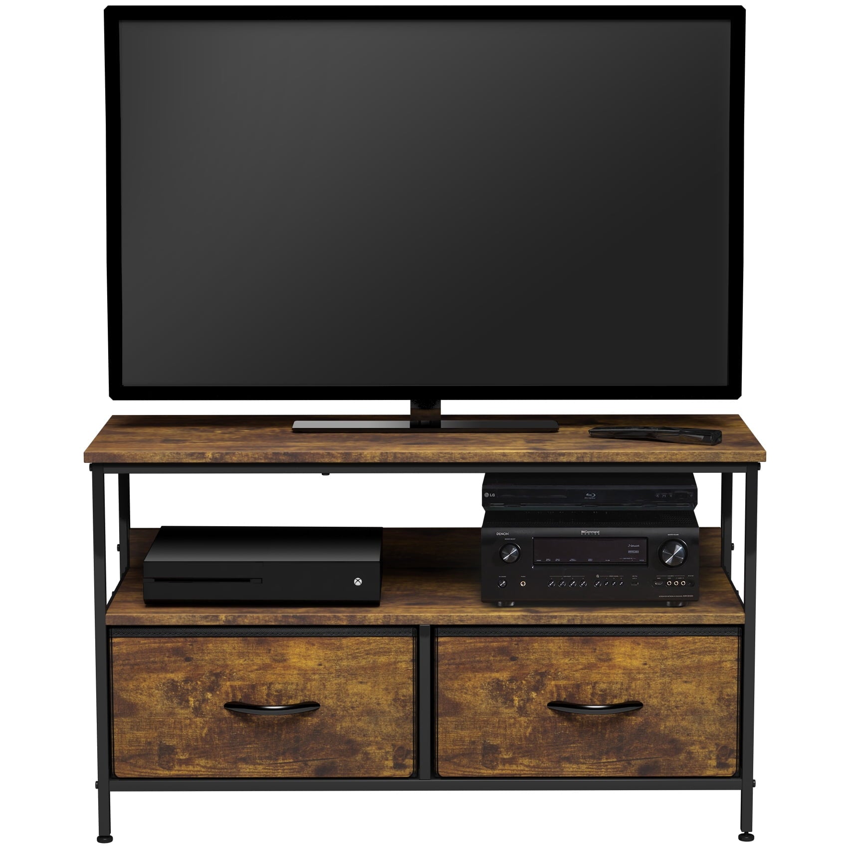 Sorbus Dresser Drawer TV Stand with Fabric Storage Bins, Steel Frame, Wood Top, Rustic Brown