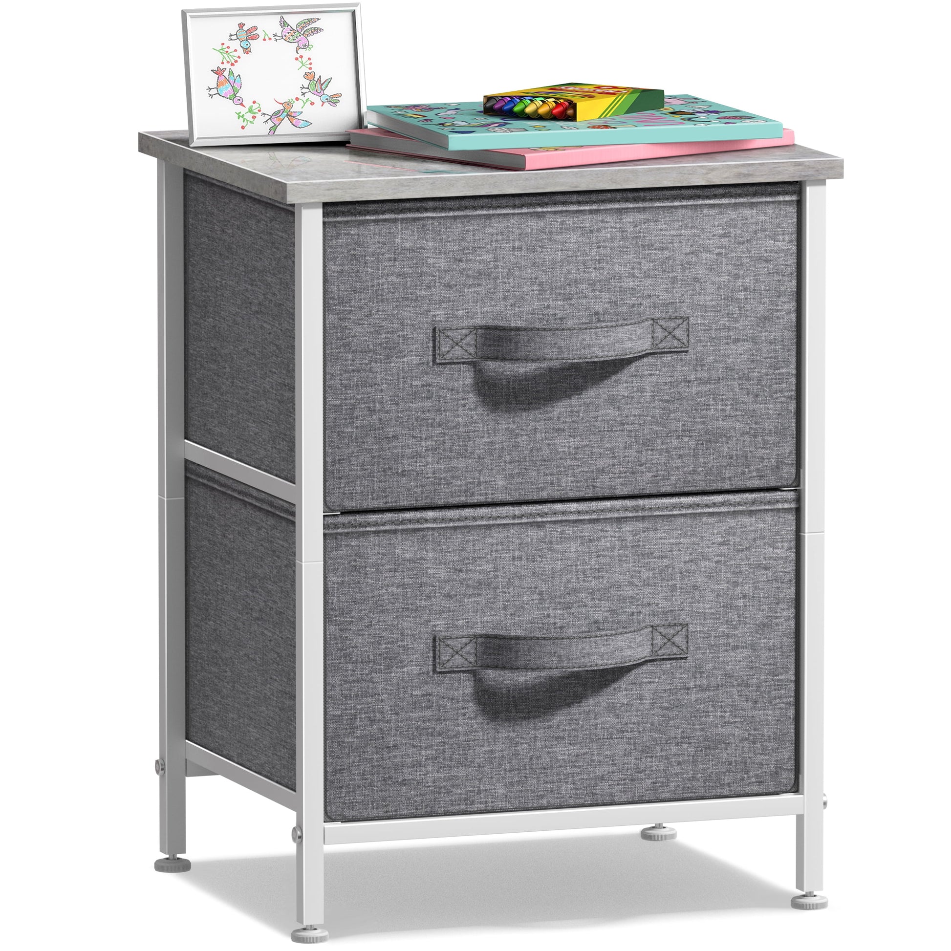 Sorbus Nightstand with 2 Drawers, Steel Frame, Wood Top, Fabric Bins, Gray