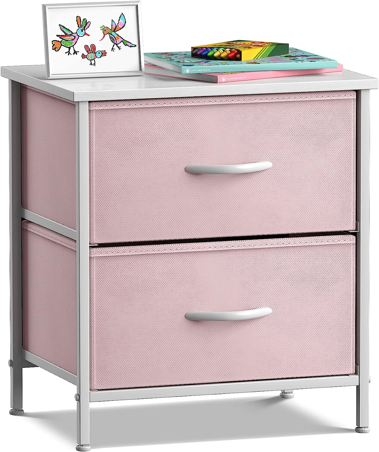 Sorbus Nightstand with 2 Drawers, Steel Frame, Wood Top, Fabric Bins, Pink