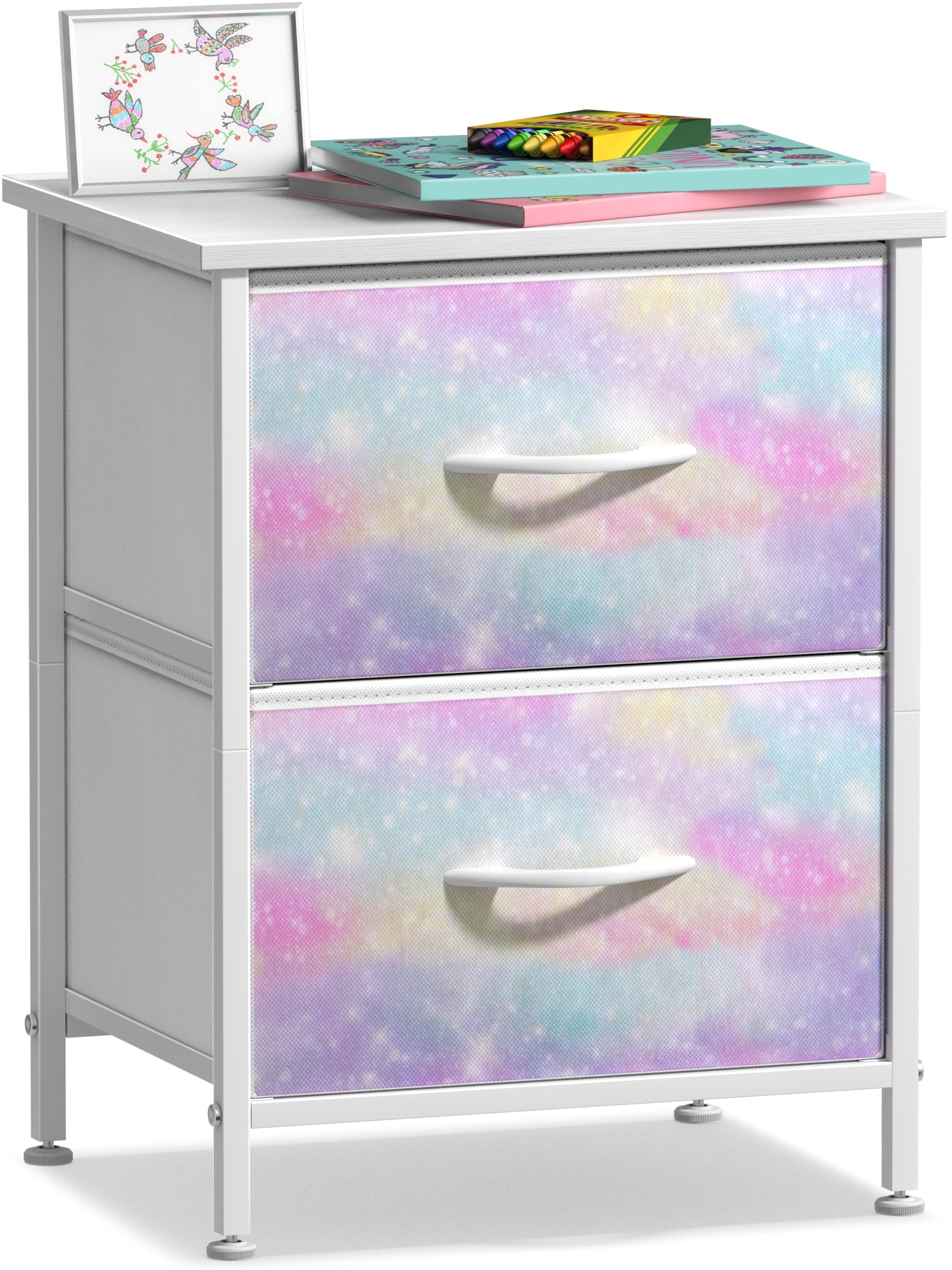 Sorbus Nightstand with 2 Drawers, Steel Frame, Wood Top, Fabric Bins, Rainbow Sparkle