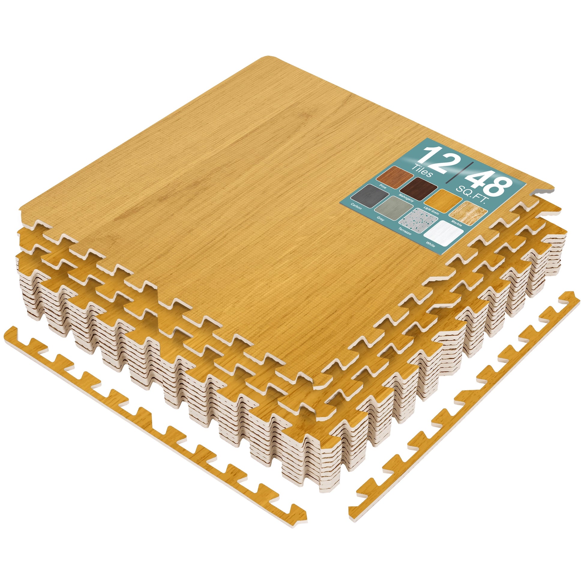 Sorbus Waterproof Wood Grain Foam Floor Tiles, 12 Tiles, 48 Sq Ft, Interlocking, Light Grain