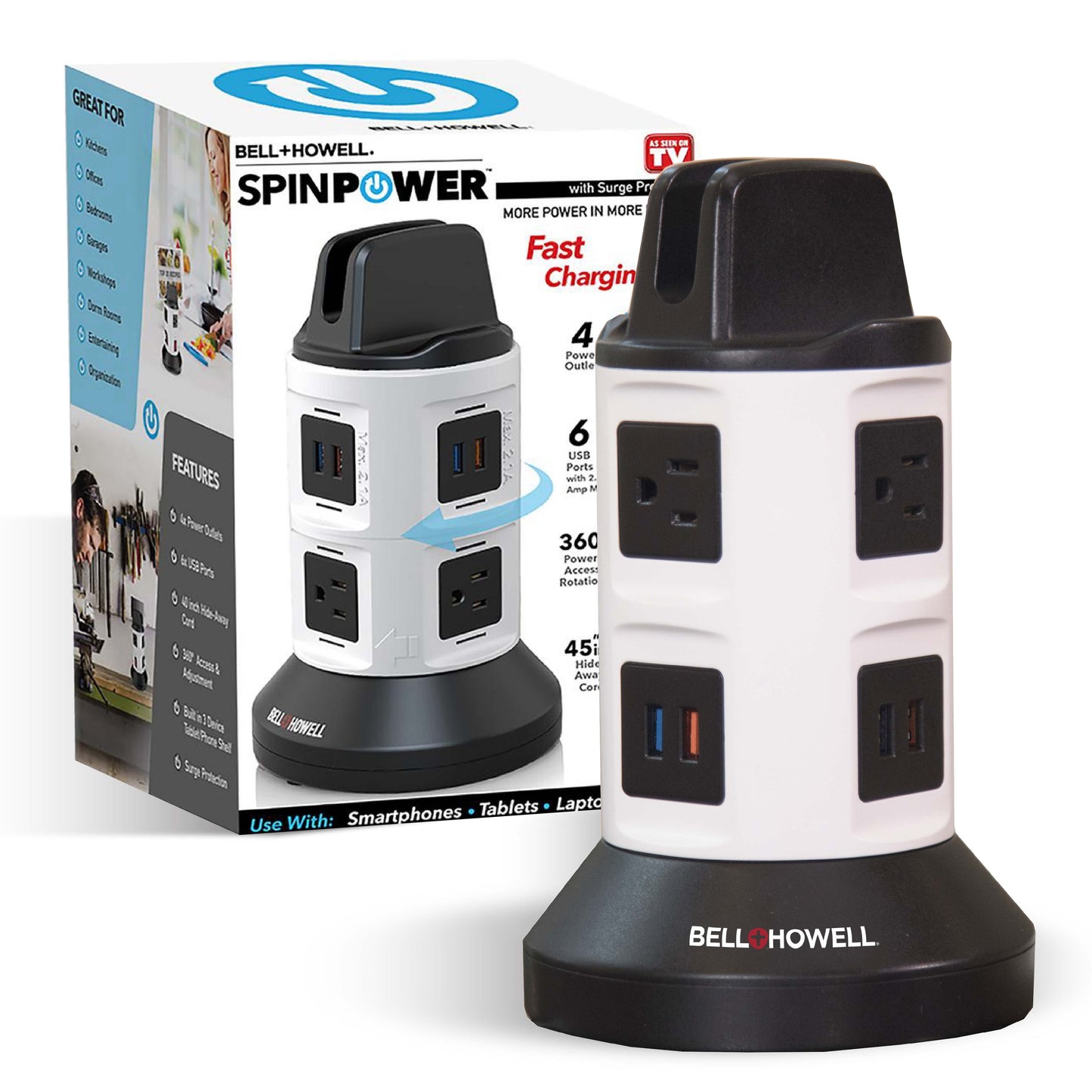 Bell + Howell Spin Power Smart Charging Station Outlet Extender, Fast Charging Station Tower, 4 AC Outlets including USB-A/USB-C Ports, 7 Ft. retractable Cord
