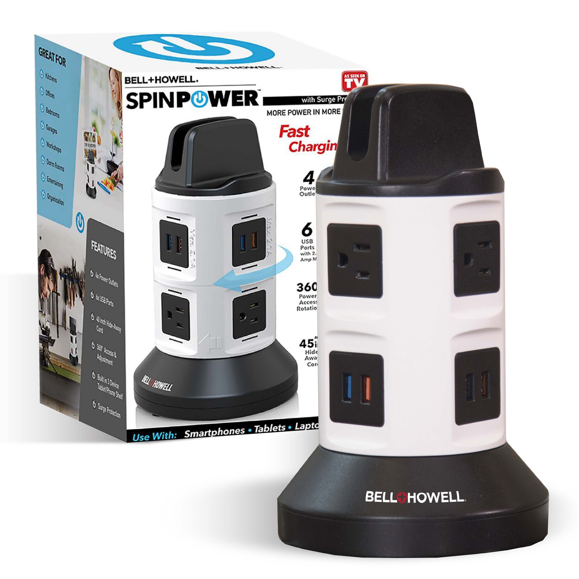 Bell + Howell Spin Power Smart Charging Station Outlet Extender, Fast Charging Station Tower, 4 AC Outlets including USB-A/USB-C Ports, 7 Ft. retractable Cord