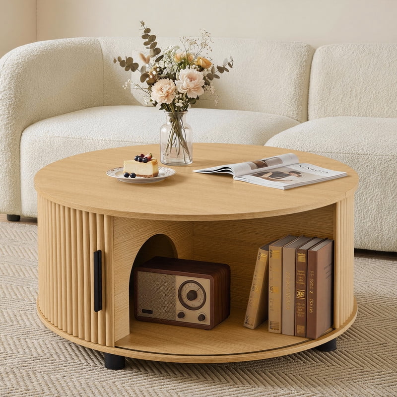 Spruce & Spring 31.5" Round Lift-Top Coffee Table with Storage, Fluted Drum Table with Sliding Door & Curved Pet Opening, Mid-Century Modern Wood Coffee Table for Living Room and Small Spaces, Oak