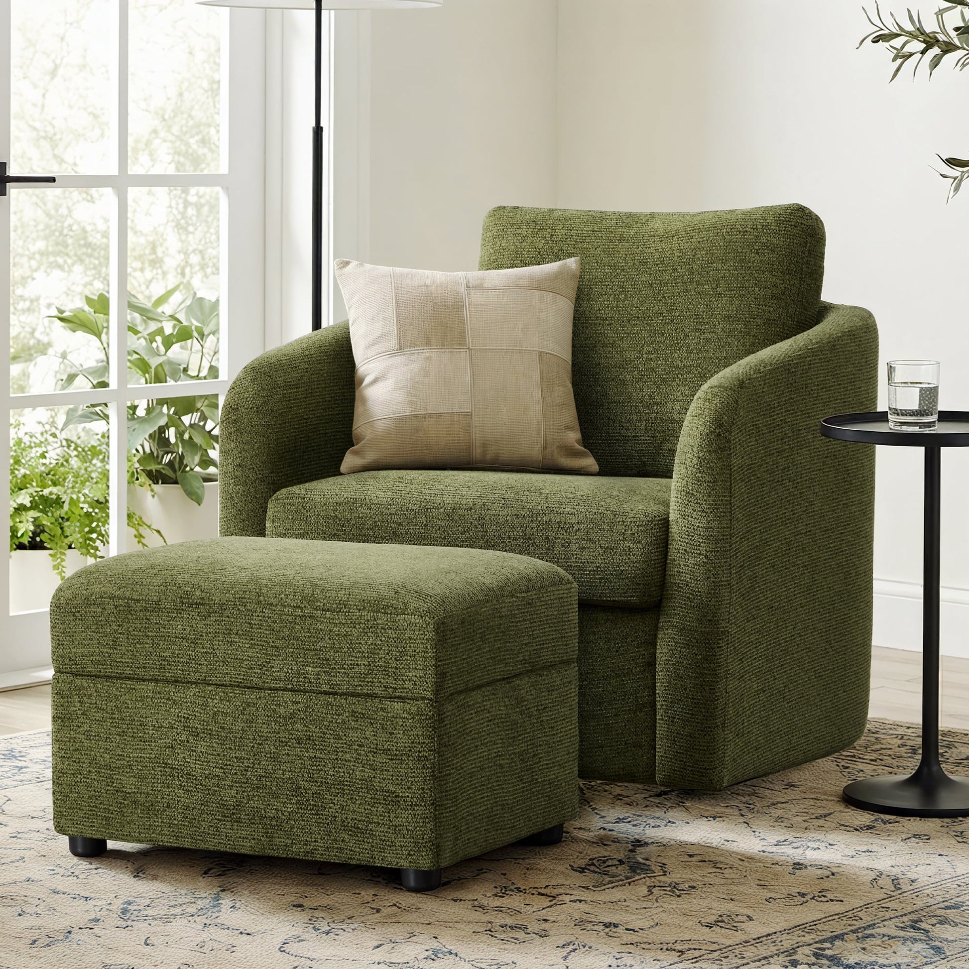 Spruce & Spring Modern Upholstered Jacquard Ottoman Footrest for Living Room, Green