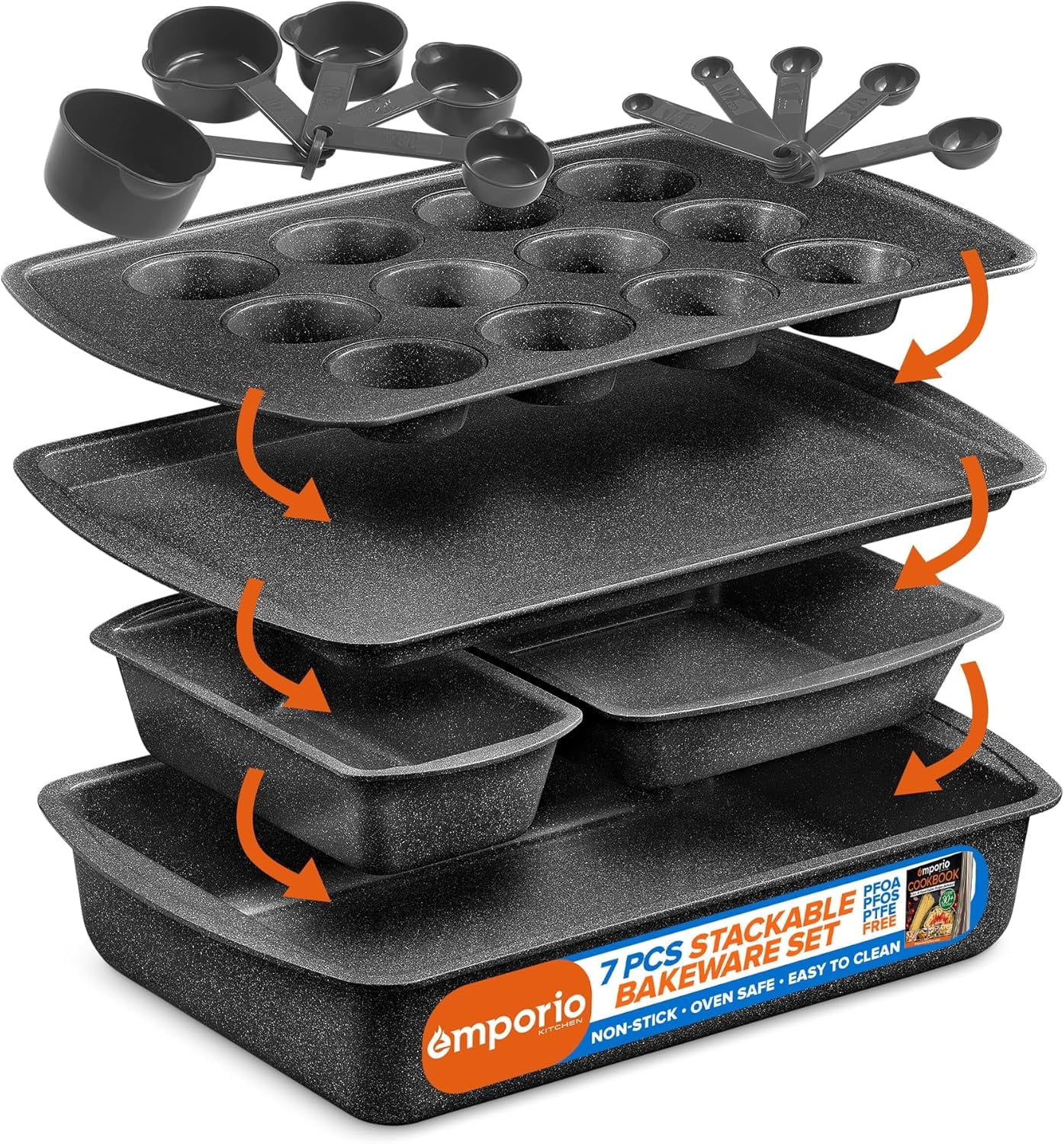 Stackable Baking Pan Set - Deluxe Nonstick White Marble Coating, Carbon Steel Bakeware Set, Recipe Booklet Included, Oven Safe (Up to 450Â° F), Set of 7 - Gray Marble