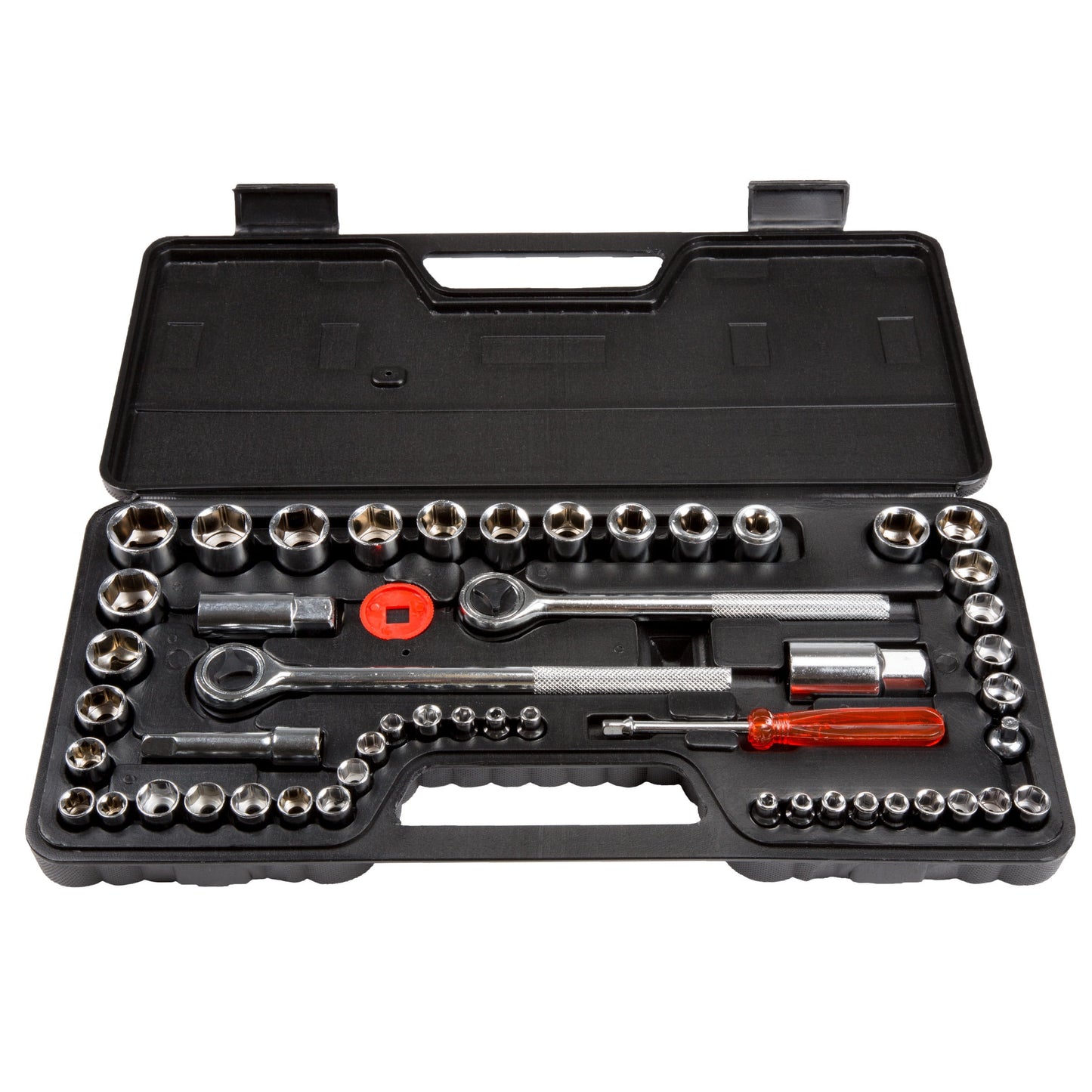 Stalwart 52-Piece Drive Socket Set with Tool Box â€“ 1/4, 3/8, and 1/2 â€“ SAE and Metric