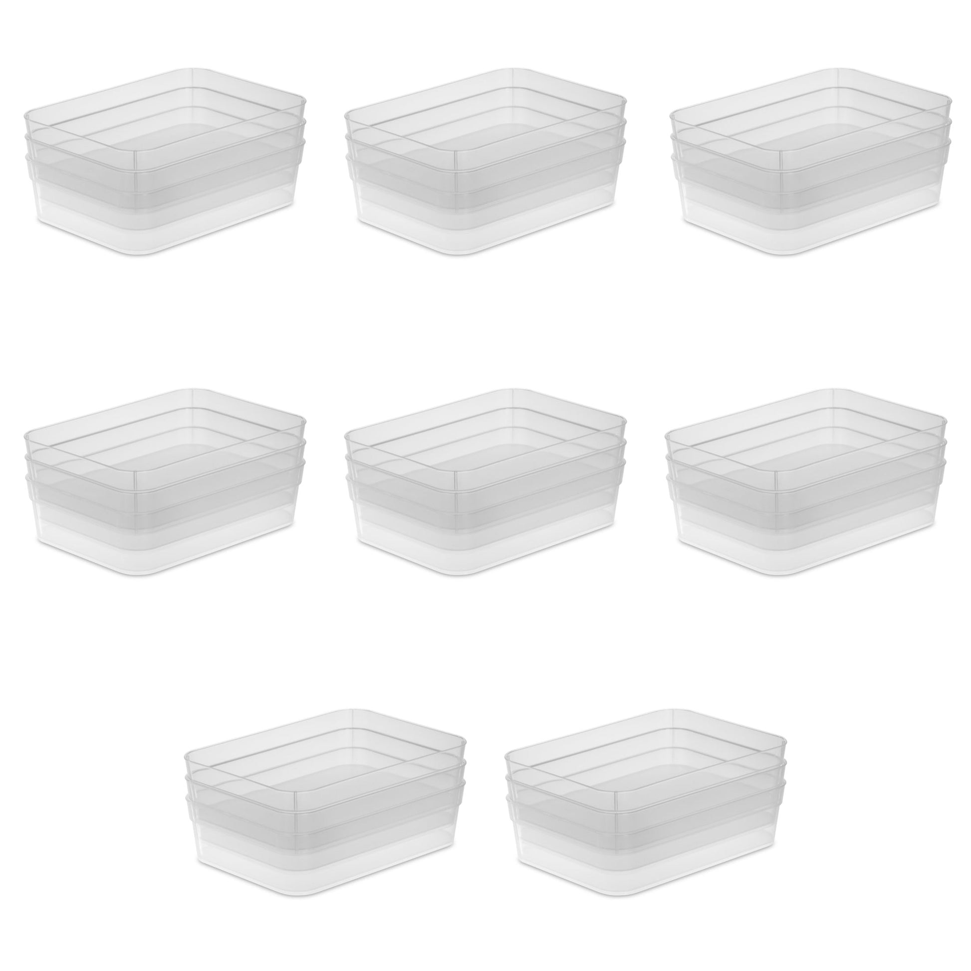 Sterilite Set (3) Large Storage Trays, Clear Plastic Open Bins, Drawer Organizers, 8 Count