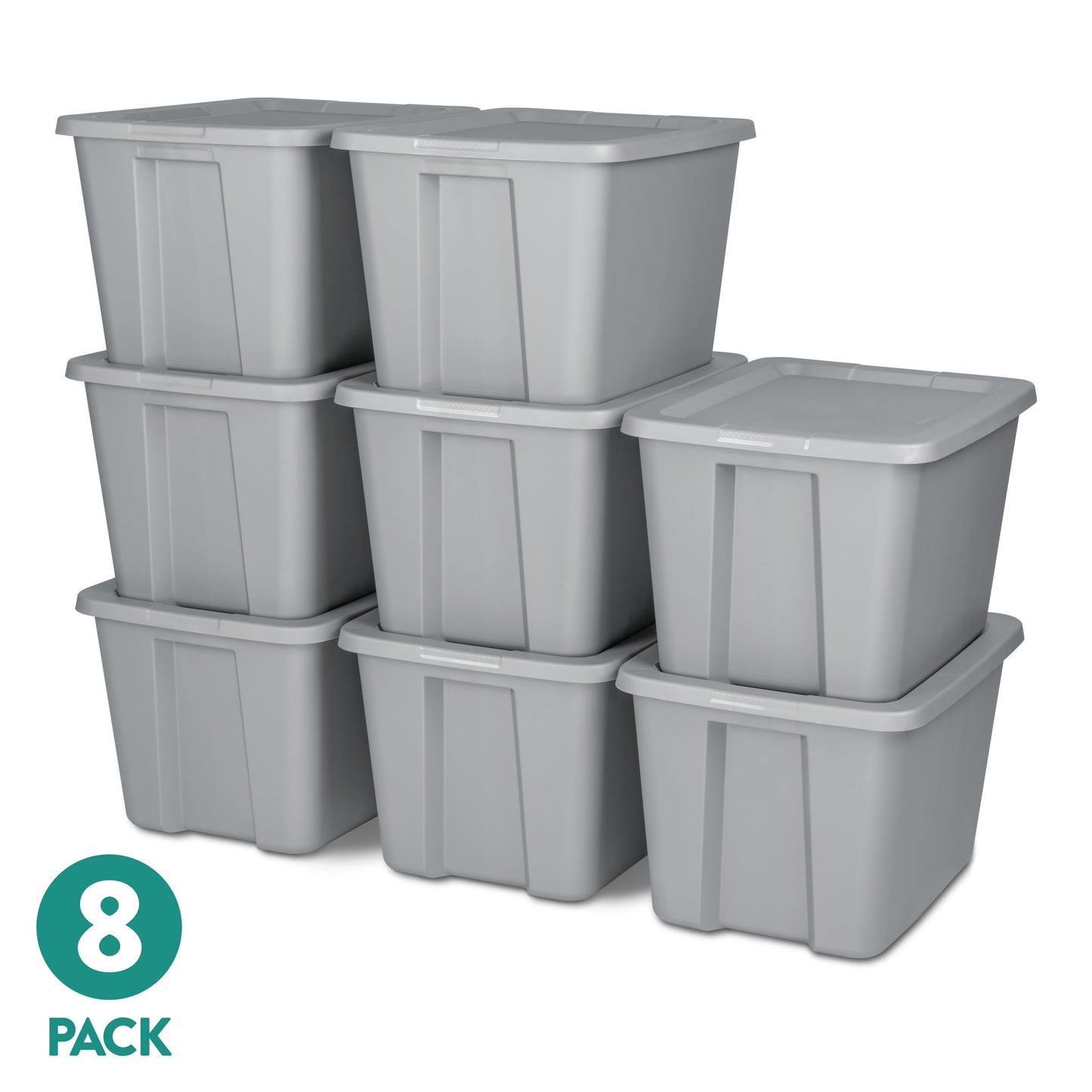 Sterilite Large Storage Bin, 18 Gallon Durable Plastic Storage Tote with Snap-On Lid, Gray, 8 pack