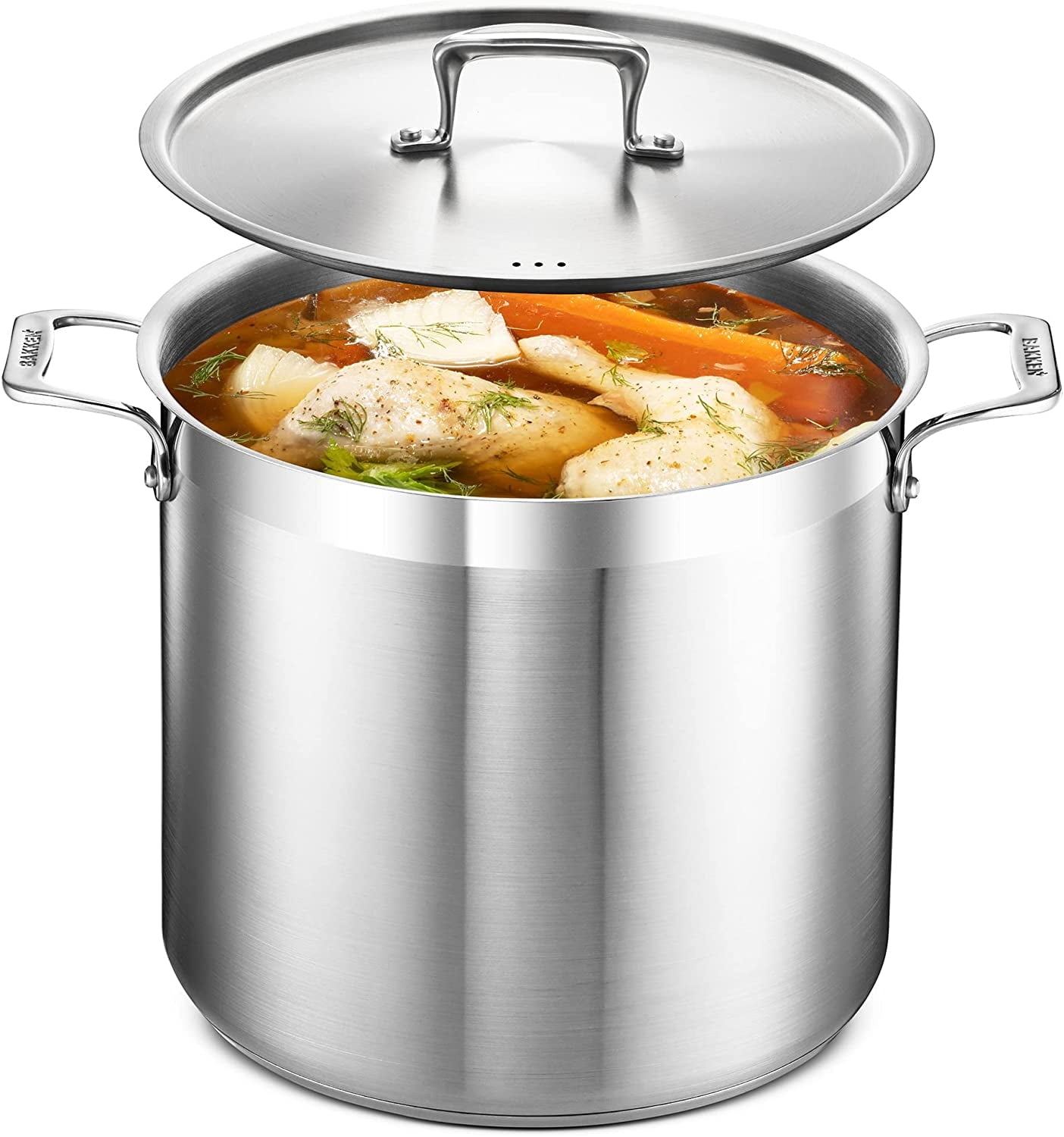 Stockpot â€“ 16 Cuartos â€“ Acero Inoxidable Cepillado â€“ Olla de InducciÃ³n de Alta Resistencia con Tapa y Asas Remachadas â€“ para Sopa, Mariscos, Caldo, Enlatado y para Catering para Grupos Grandes y Eventos por BAKKEN