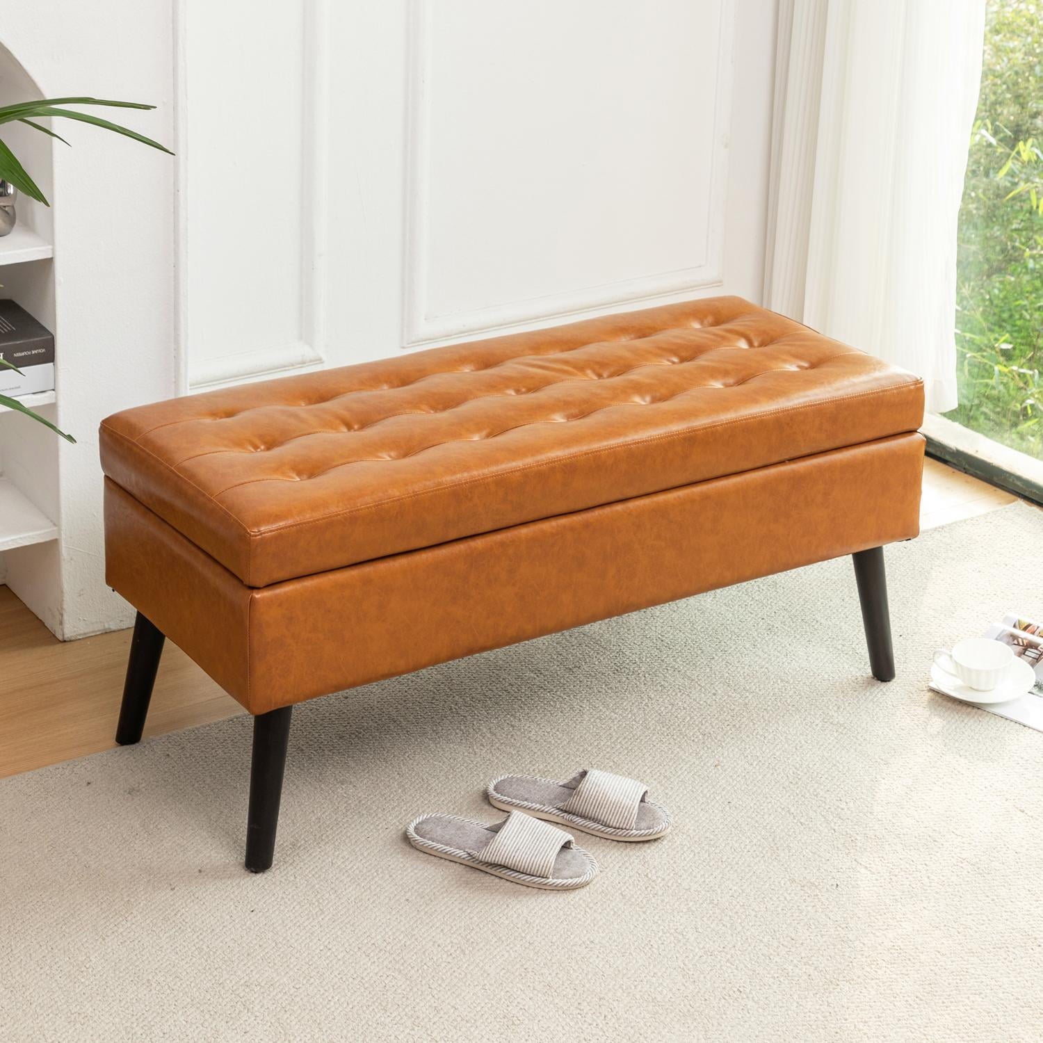 GARITIN Storage Bench with Lift-Top Tufted Lid, Solid Wood Frame , Leather Upholstered 43.3 in W x 17.17 D x 18.9 H, Brown