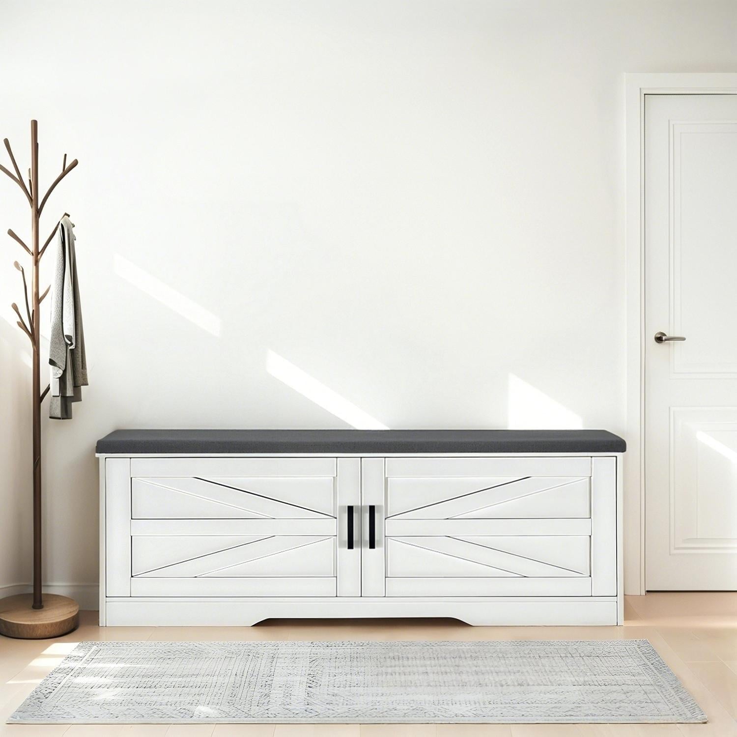 Storage Bench, White 2-Tier Farmhouse Design with Barn Doors, Padded Seat Cushion, and 2 Adjustable Shelves, 39.4 Inch Shoe Bench for Entryway, Bedroom, Living Room