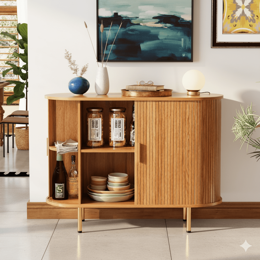 TiramisuBest Sideboard Buffet Cabinet with Storage, 55" Storage Cabinet with Fluted Tambour Sliding Doors & Adjustable Shelf for Entryway, Kitchen, Home Bar (Black)