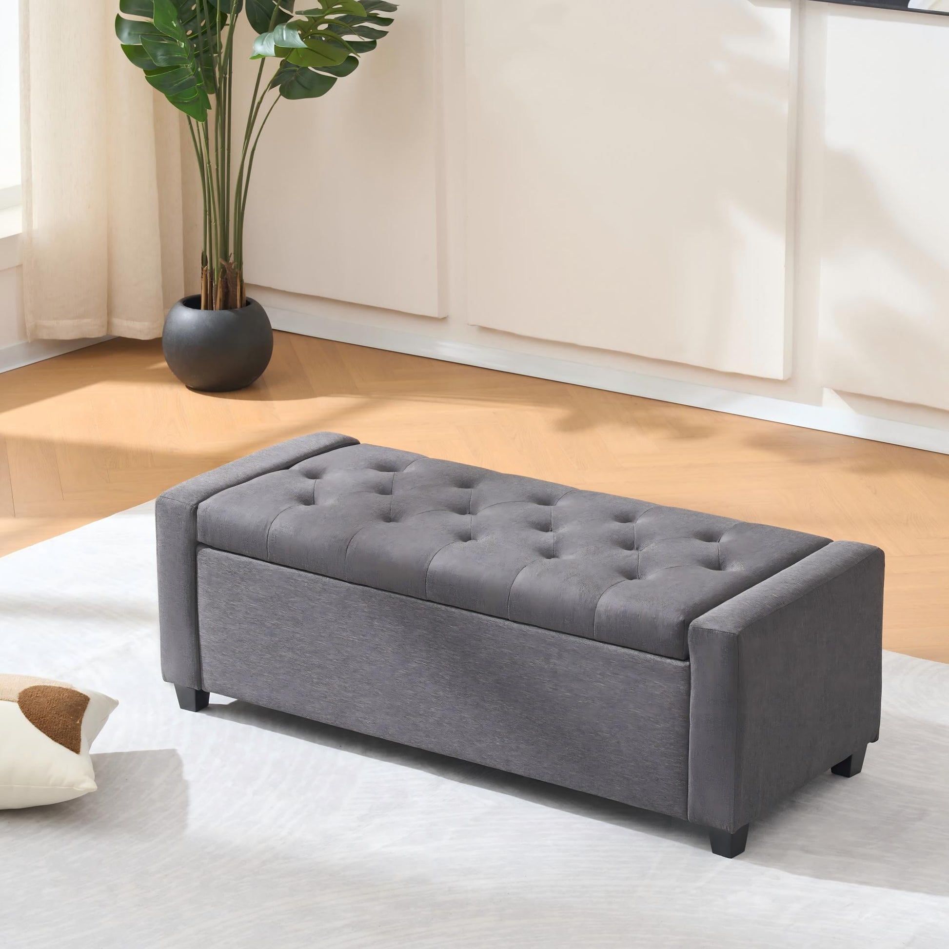Storage Ottoman Bench with Safety Hinge, Upholstered Entryway Bench with Button Tufting, Diamond Stitching and Wood Frame, Fabric Storage Seat for Living Room and Bedroom End of Bed, 48 Inch, Grey