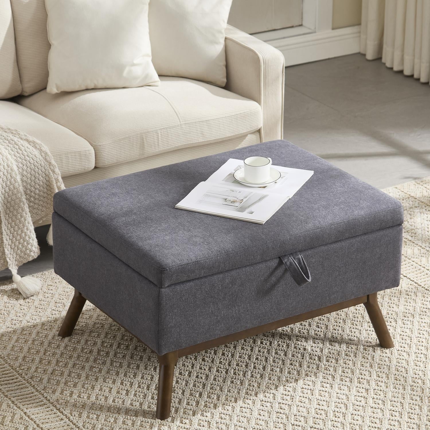 Storage Ottoman, Mid-Century Modern Design with Lift-Top Compartment, 31.5 Inch Square Ottoman Coffee Table and Footstool, Solid Wood Frame, 250 lb Capacity, Dark Grey Linen