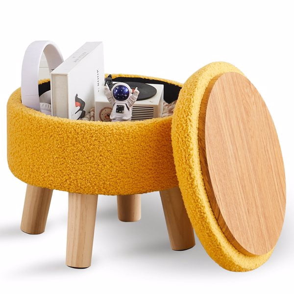 Otoman de Almacenamiento, ReposapiÃ©s Redondo Moderno con Asiento Acolchado Suave, Taburete de Terciopelo Teddy con Patas de Madera, Mesa PequeÃ±a Decorativa O Soporte para Plantas para Sala de Estar (Amarillo Brillante)