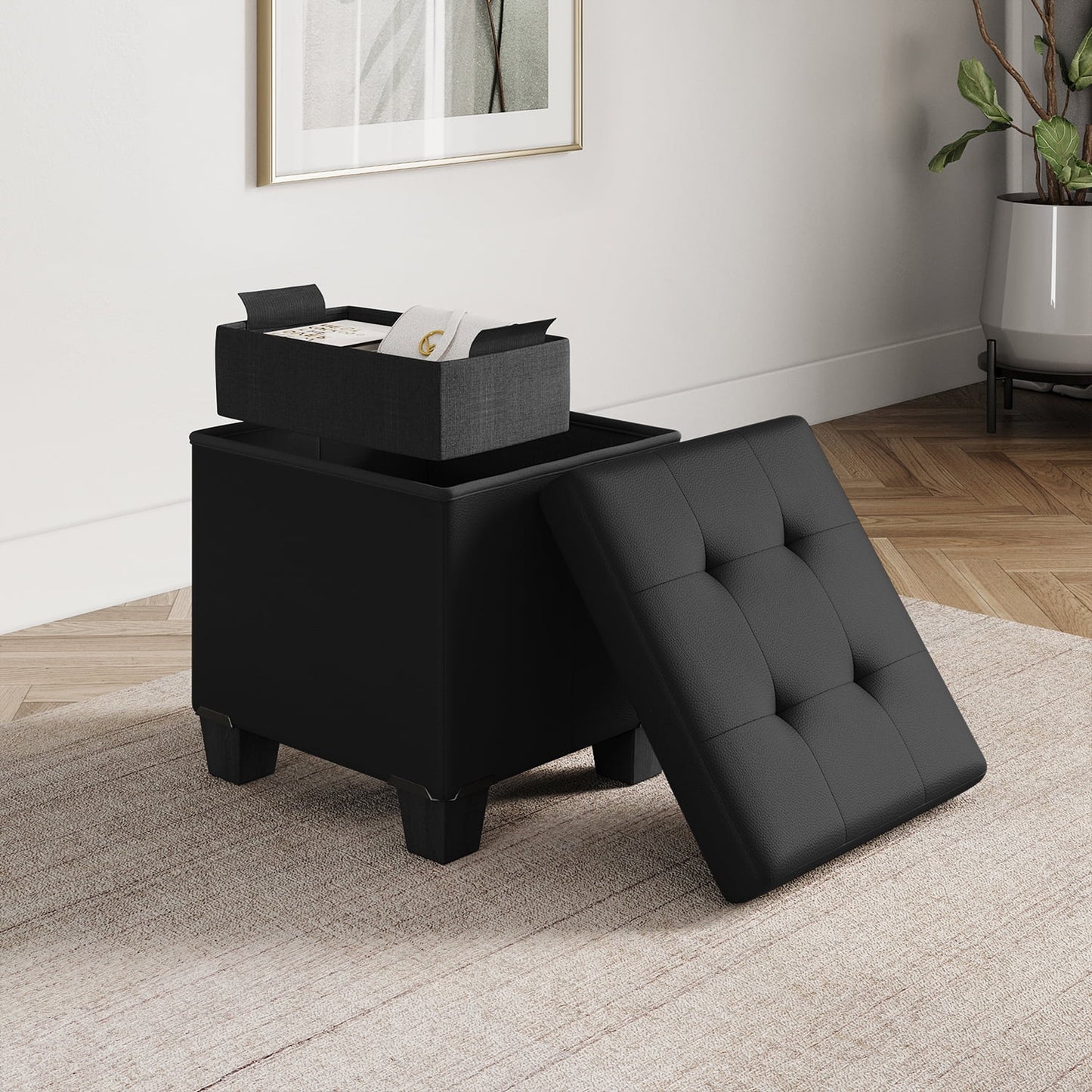 StorageBud Ottoman with Storage Bench, 15-inch Foot Stool Storage Ottoman, Leather, Black
