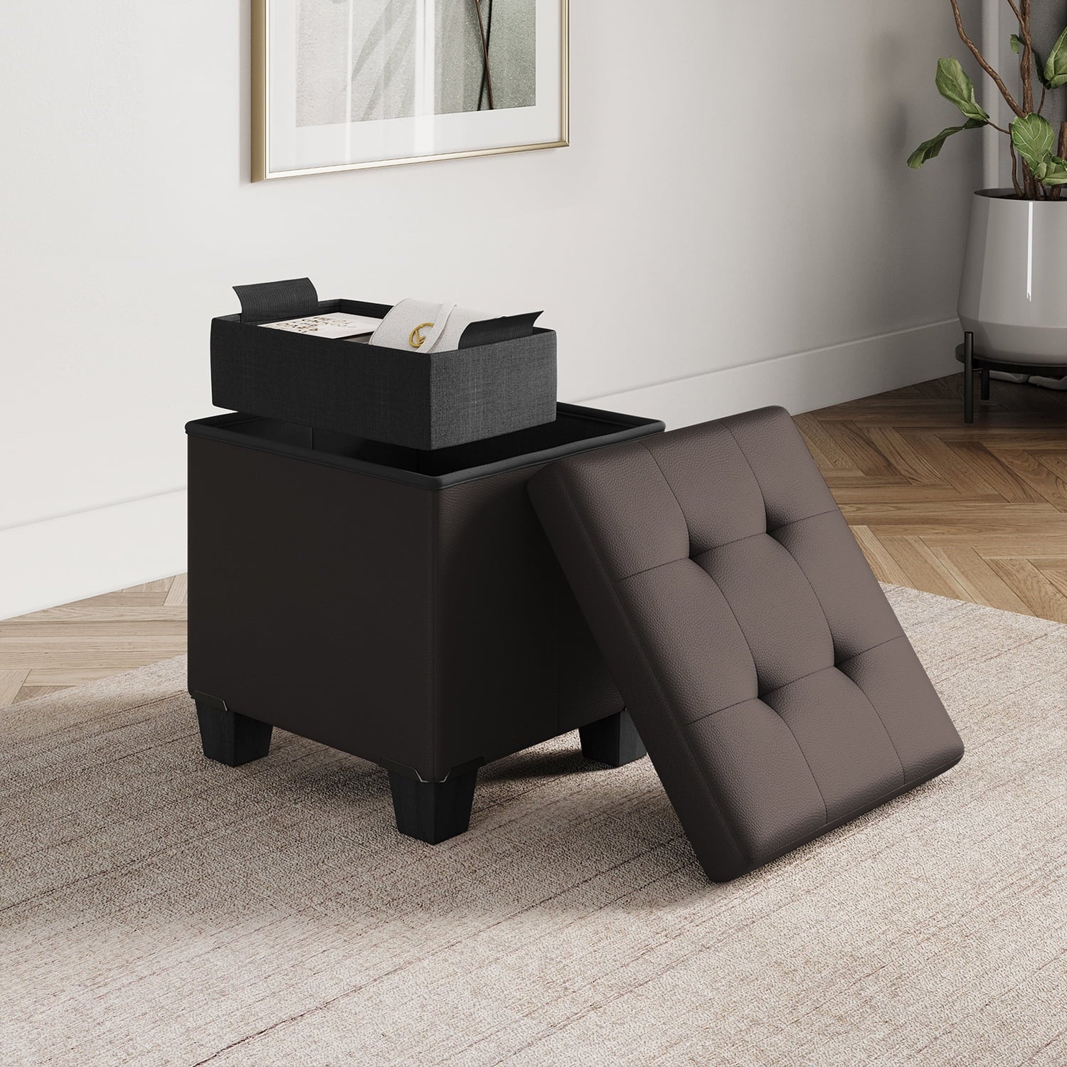 StorageBud Ottoman with Storage Bench, 15-inch Foot Stool Storage Ottoman, Leather, Brown