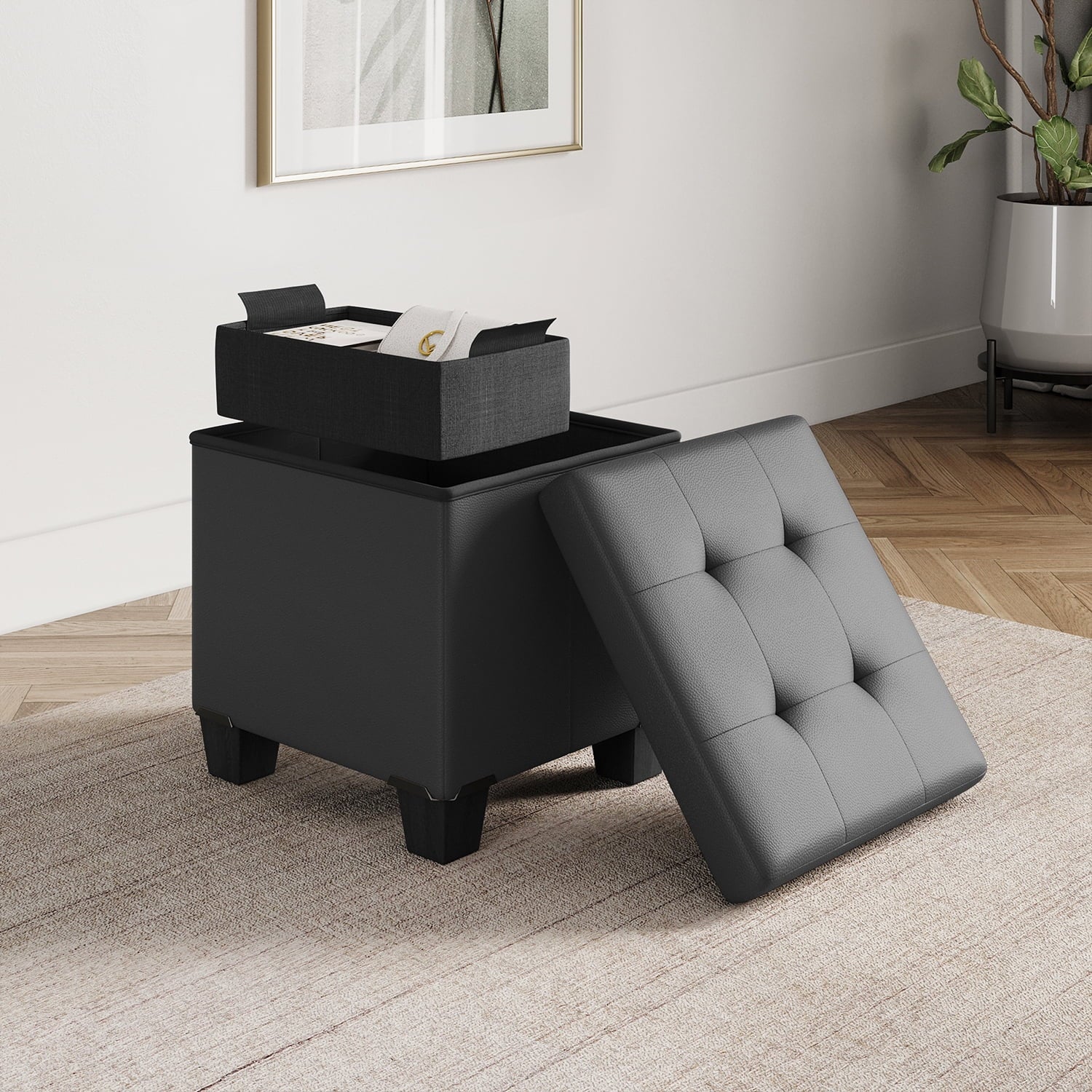 StorageBud Ottoman with Storage Bench, 15-inch Foot Stool Storage Ottoman, Leather, Gray