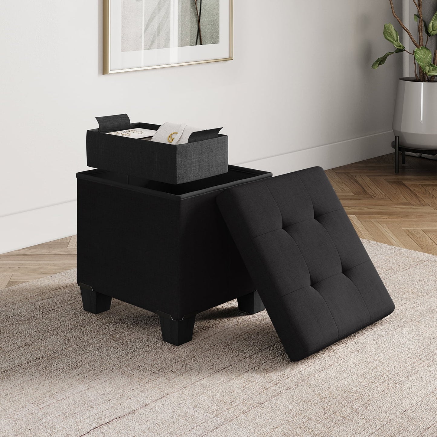 StorageBud Ottoman with Storage Bench, 15-inch Foot Stool Storage Ottoman, Linen, Black