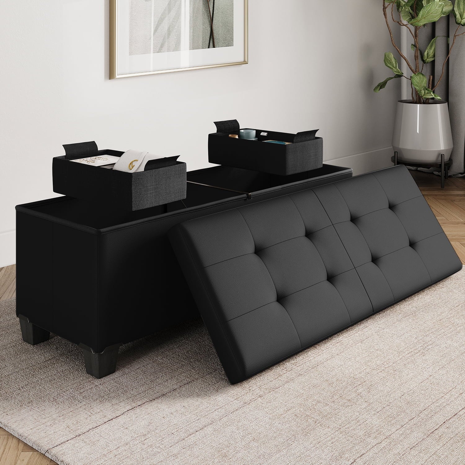 StorageBud Ottoman with Storage Bench, 43-inch Storage Ottoman, Leather, Black