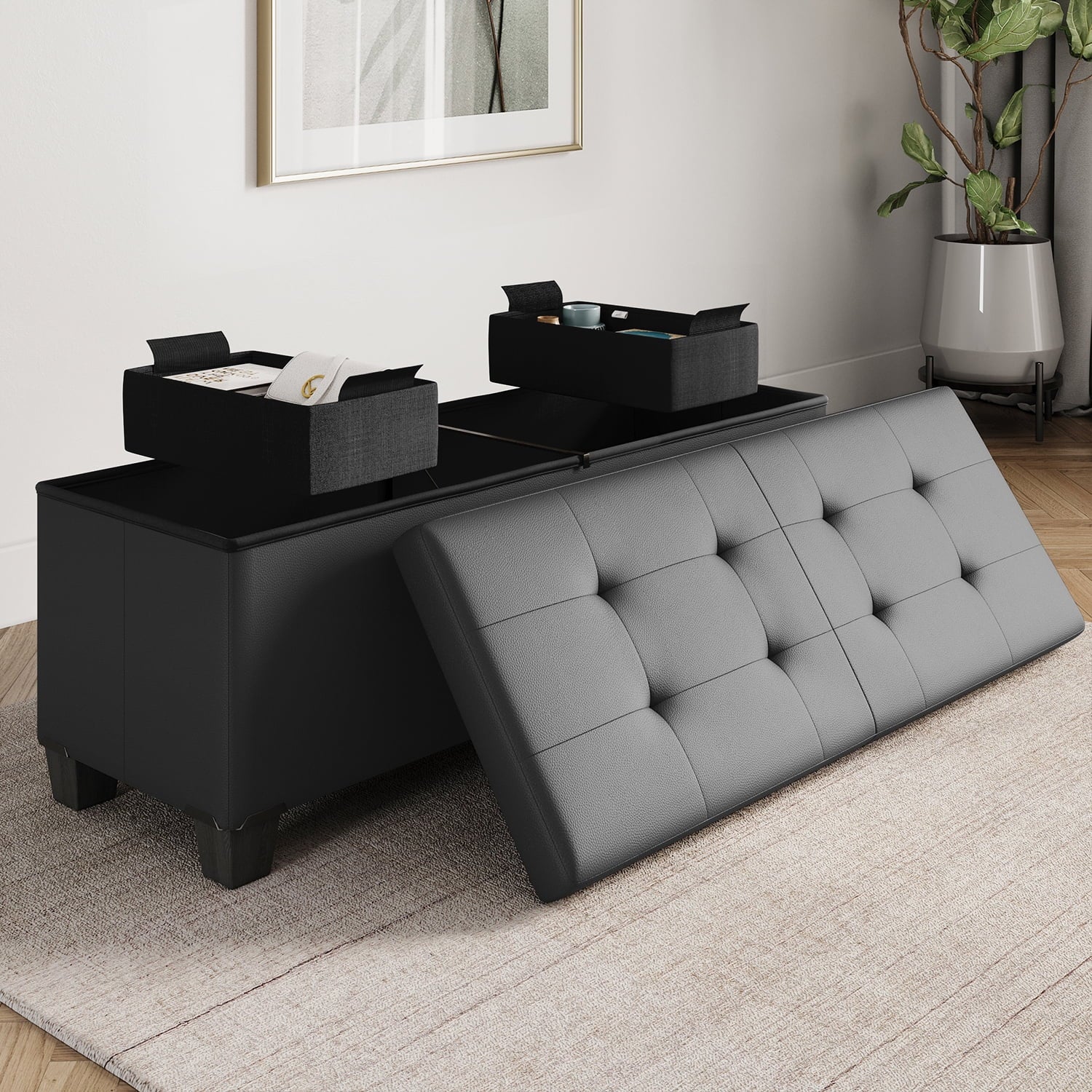 StorageBud Ottoman with Storage Bench, 43-inch Storage Ottoman, Leather, Gray