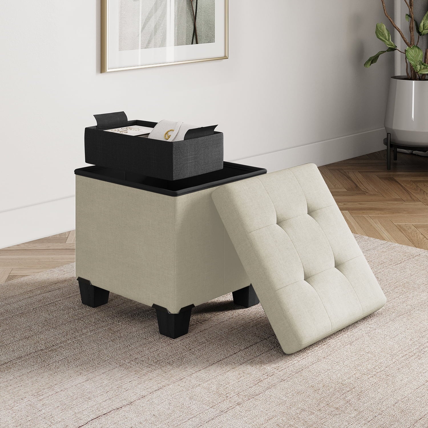 StorageBud Ottoman with storage bench, 15-inch Foot Stool Storage Ottoman, Linen, White