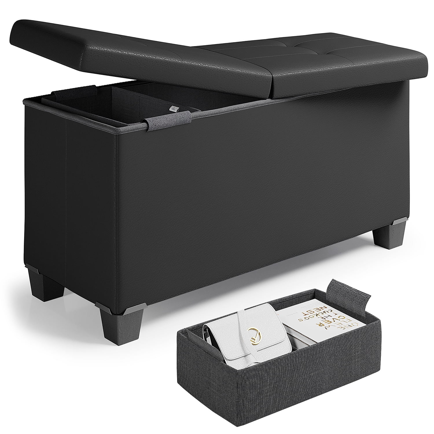Storagebud Ottoman Storage Bench, Faux Leather 30" Storage Ottoman Bench, Black
