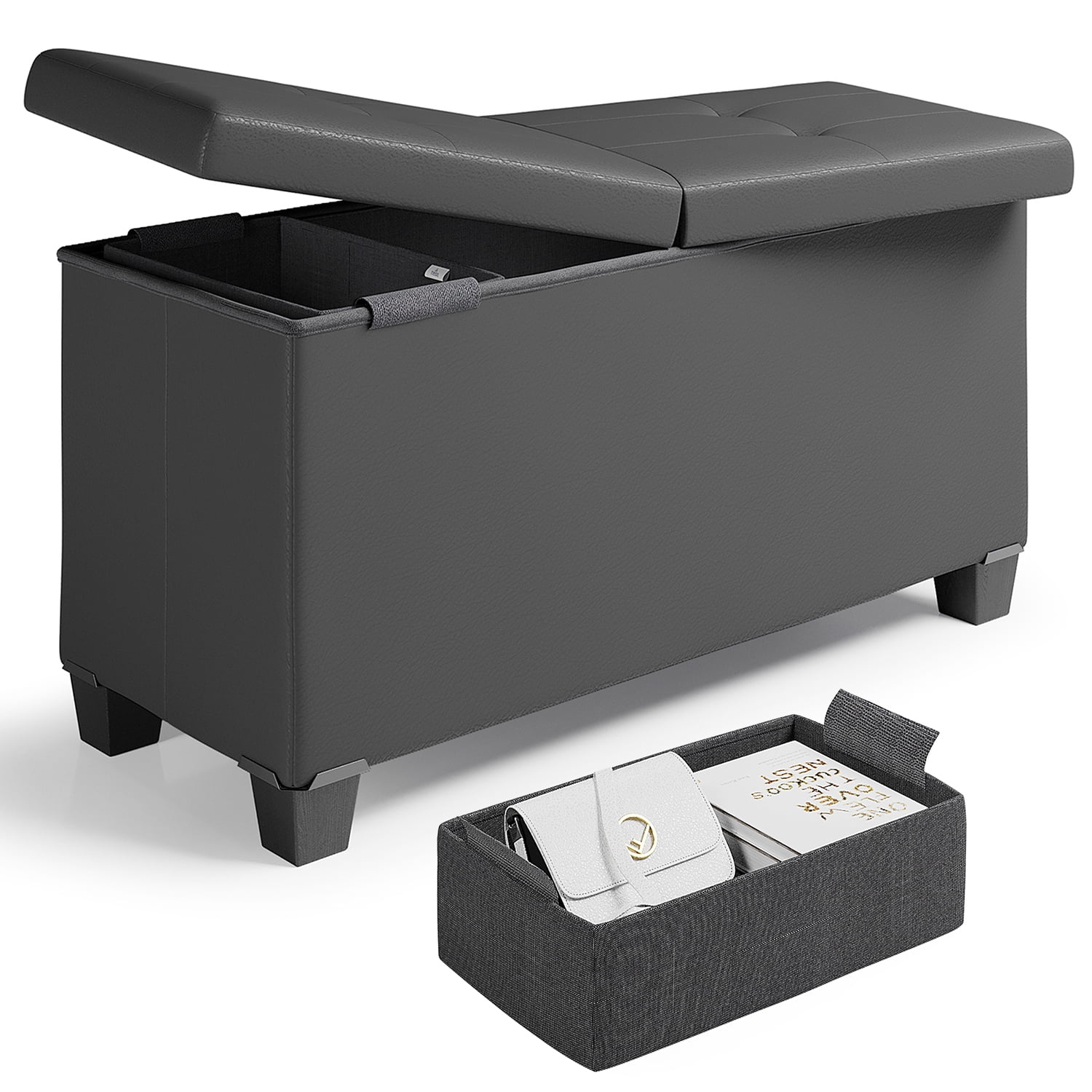 Storagebud Ottoman Storage Bench, Faux Leather 30" Storage Ottoman Bench, Gray