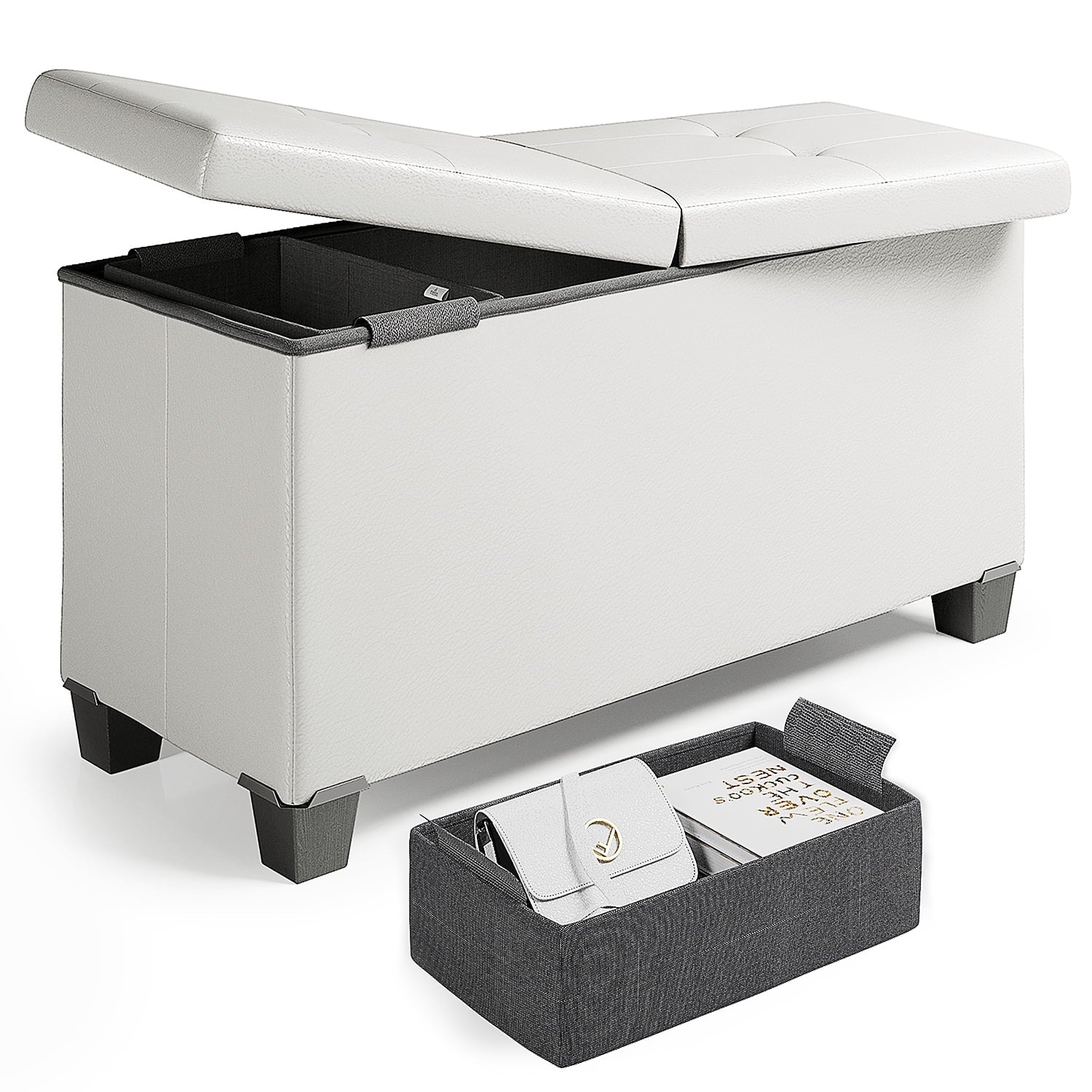 Storagebud Ottoman Storage Bench, Faux Leather 30" Storage Ottoman Bench, White