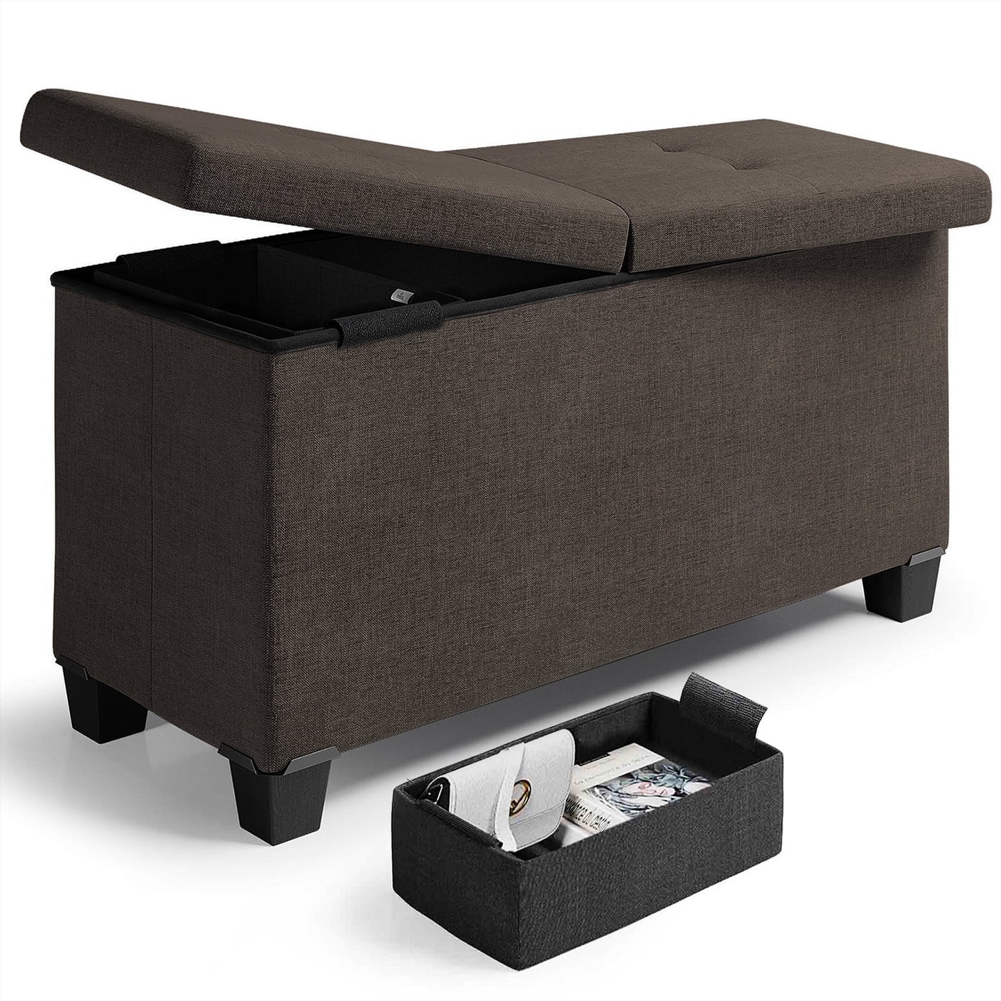 Storagebud Ottoman Storage Bench, Linen 30" Storage Ottoman Bench, Brown