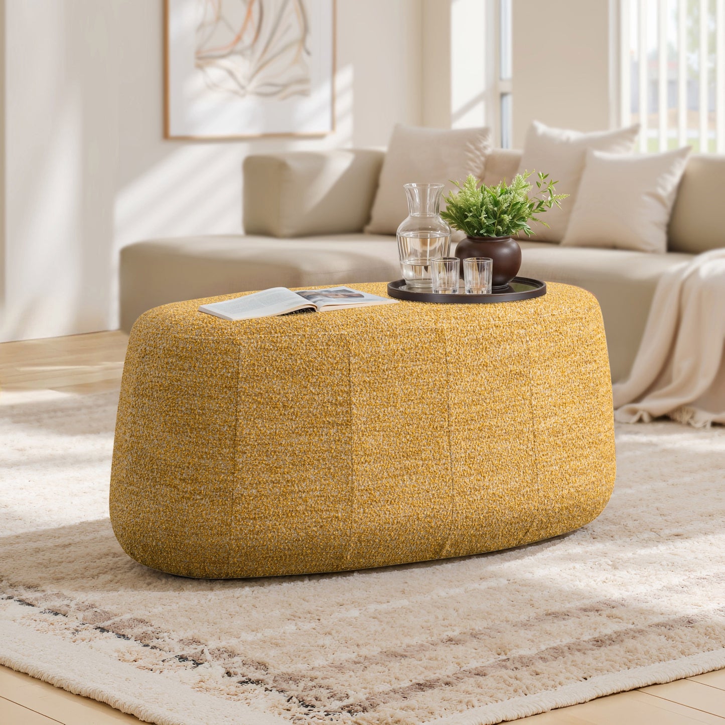 Studio Living Kingston Modern Upholstered Ottoman, Mustard Boucle Fabric