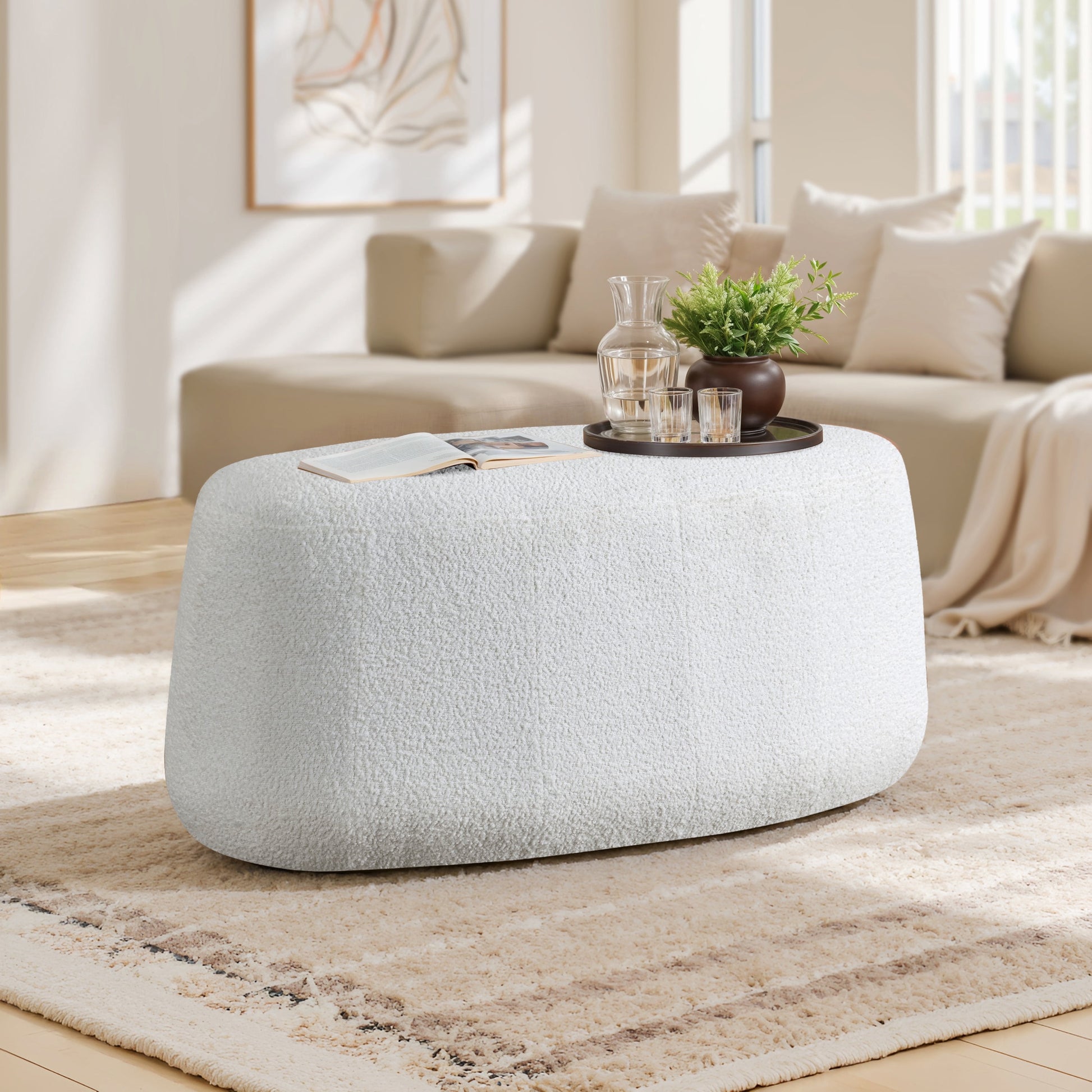 Studio Living Kingston Modern Upholstered Ottoman, White Boucle Fabric