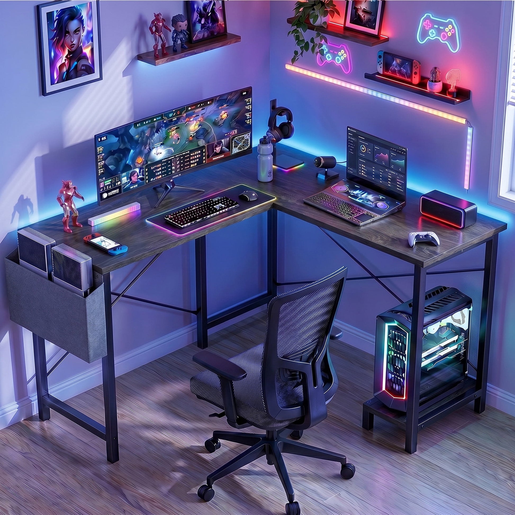 CONCETTA 49 Inch Modern L Shaped Computer Desk with Lower Storage Shelf & Side Bag, Two-Way Convertible Corner Gaming Table for Home Office, Gray