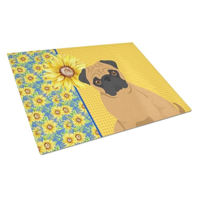 Summer Sunflowers Apricot Pug Glass Cutting Board Large 12 in x 15 in