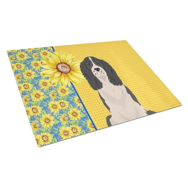 Summer Sunflowers Black English Springer Spaniel Glass Cutting Board Large 12 in x 15 in