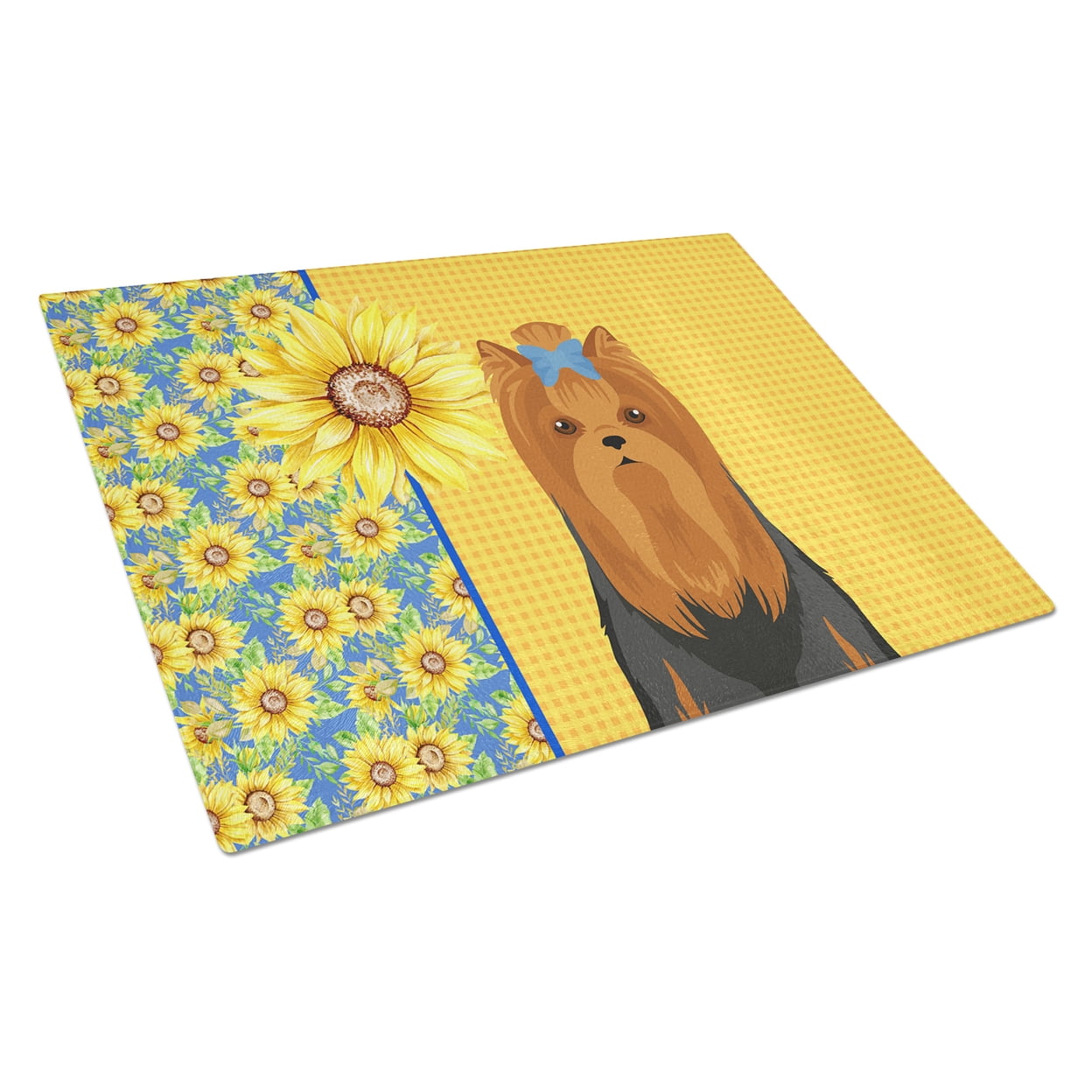 Summer Sunflowers Black and Tan Full Coat Yorkshire Terrier Glass Cutting Board Large 12 in x 15 in