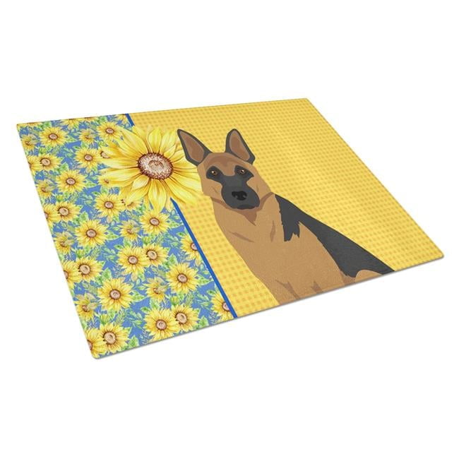 Summer Sunflowers Black and Tan German Shepherd Glass Cutting Board Large 12 in x 15 in