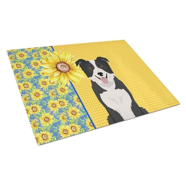 Summer Sunflowers Black and White Border Collie Glass Cutting Board Large 12 in x 15 in