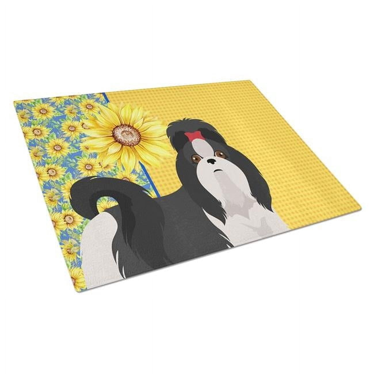 Summer Sunflowers Black and White Shih Tzu Glass Cutting Board Large 12 in x 15 in
