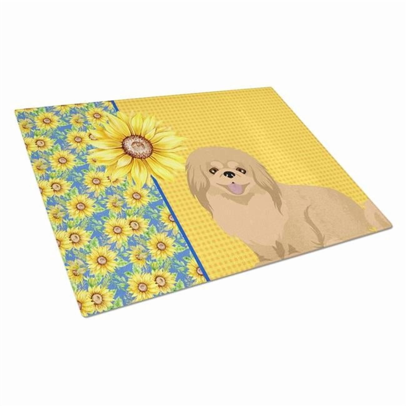 Summer Sunflowers Gold Pekingese Glass Cutting Board Large 12 in x 15 in