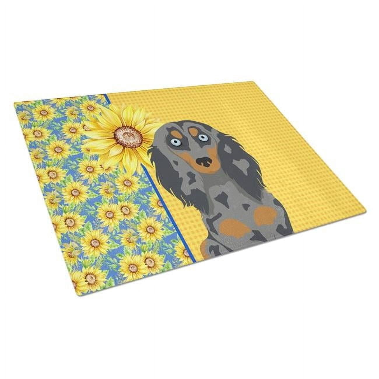 Summer Sunflowers Longhair Blue and Tan Dapple Dachshund Glass Cutting Board Large 12 in x 15 in