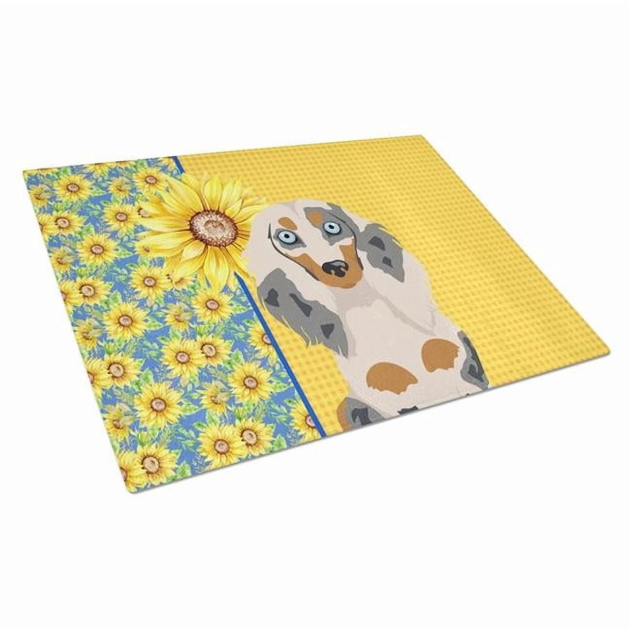 Summer Sunflowers Longhair Cream Dapple Dachshund Glass Cutting Board Large 12 in x 15 in