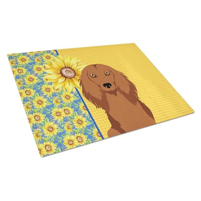 Summer Sunflowers Longhair Red Dachshund Glass Cutting Board Large 12 in x 15 in